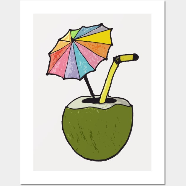 Hand drawn coconut drink with colorful umbrella drink Wall Art by WatercolorFun